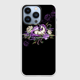 Чехол для iPhone 13 Pro с принтом Единорог среди роз в городе Новоалтайск,  |  | Тематика изображения на принте: rose | roses | unicorn | единорог | единороги | роза | розы | сказка | сказочный | сон | спящий | темный | фентези | фентэзи | цветочный | цветы | черный фон
