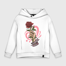 Детское худи Oversize хлопок с принтом Bring Your Love в городе Новоалтайск, френч-терри — 70% хлопок, 30% полиэстер. Мягкий теплый начес внутри —100% хлопок | боковые карманы, эластичные манжеты и нижняя кромка, капюшон на магнитной кнопке | love | иллюстрация | роза | рука | сердце