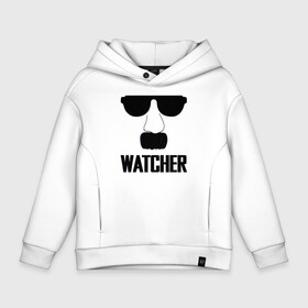 Детское худи Oversize хлопок с принтом Шпион (Watcher) в городе Новоалтайск, френч-терри — 70% хлопок, 30% полиэстер. Мягкий теплый начес внутри —100% хлопок | боковые карманы, эластичные манжеты и нижняя кромка, капюшон на магнитной кнопке | прикольная надпись | усы | черно белое | шпион очки