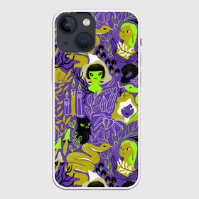 Чехол для iPhone 13 mini с принтом Шабаш в городе Новоалтайск,  |  | halloween | kostolom3000 | ведьма | ведьмы | грибы | змея | кот | магия | природа | фиолетовый | хэллоуин | черный кот | шабаш