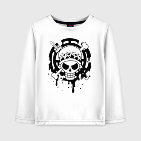 Детский лонгслив хлопок с принтом Веселый Роджер Трафальгара Ло One Piece в городе Новоалтайск, 100% хлопок | круглый вырез горловины, полуприлегающий силуэт, длина до линии бедер | anime | manga | one piece | trafalgar d. water law | аниме | большой куш | ван пис | вон пис | доктор | капитан | король пиратов | лого | манга | пират | пираты сердца | ситибукай | смайл | трафальгар д. ватер ло