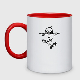 Кружка двухцветная с принтом Kilroy is here в городе Новоалтайск, керамика | объем — 330 мл, диаметр — 80 мм. Цветная ручка и кайма сверху, в некоторых цветах — вся внутренняя часть | graffiti | here | kilroy | mem | us | usa | граффити | здесь | килрой | мем | сша