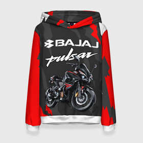 Женская толстовка 3D с принтом BAJAJ PULSAR / БАДЖАДЖ ПУЛЬСАР в городе Новоалтайск, 100% полиэстер  | двухслойный капюшон со шнурком для регулировки, мягкие манжеты на рукавах и по низу толстовки, спереди карман-кенгуру с мягким внутренним слоем. | avenger. | bajaj | boxer | dominar | motorcycle | motosport | pulsar | racing | speed | sport | баджадж | байк | гонки | двигатель | мото | мотокросс | мотоспорт | мототриал | мотоцикл | скорость | спорт