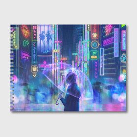 Альбом для рисования с принтом ANIME NEON в городе Новоалтайск, 100% бумага
 | матовая бумага, плотность 200 мг. | Тематика изображения на принте: абстракция | аниме | город | гром | девочка | девушка | дождик | дождь | зонт | зонтик | молния | неон | неоновая | неоновый | персонаж | под дождем | синий | фиолетовый