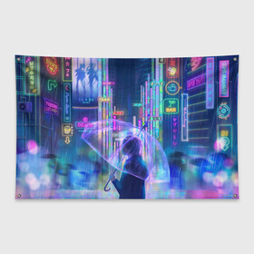 Флаг-баннер с принтом ANIME NEON в городе Новоалтайск, 100% полиэстер | размер 67 х 109 см, плотность ткани — 95 г/м2; по краям флага есть четыре люверса для крепления | абстракция | аниме | город | гром | девочка | девушка | дождик | дождь | зонт | зонтик | молния | неон | неоновая | неоновый | персонаж | под дождем | синий | фиолетовый