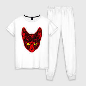 Женская пижама хлопок с принтом Devil Cat в городе Новоалтайск, 100% хлопок | брюки и футболка прямого кроя, без карманов, на брюках мягкая резинка на поясе и по низу штанин | animal | cat | cute | kitty | meow | друг | животные | киска | кися | китти | кот | котенок | котик | котэ | кошечка | кошка | мур | мяу | питомец