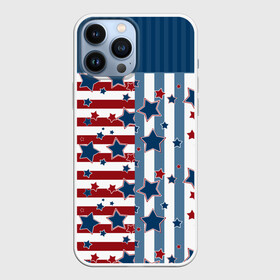 Чехол для iPhone 13 Pro Max с принтом Голубые звезды на полосатом в городе Новоалтайск,  |  | Тематика изображения на принте: абстрактный | звезды | красно синий | линии | молодежный | полосатый | современный