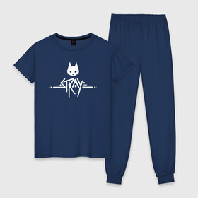 Женская пижама хлопок с принтом Stray Game 2021 Logo в городе Новоалтайск, 100% хлопок | брюки и футболка прямого кроя, без карманов, на брюках мягкая резинка на поясе и по низу штанин | 2021 | cat | cyberpunk | game | stray | бродилка | бродить | бродячий | киберпанк | кот | стрей | стрэй