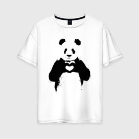 Женская футболка хлопок Oversize с принтом ПАНДА ЛАЙК / ЛЮБОВЬ / PANDA LOVE в городе Новоалтайск, 100% хлопок | свободный крой, круглый ворот, спущенный рукав, длина до линии бедер
 | heart | like | likes | love | paints | panda | брызги | животные | звери | краски | лайк | лайки | любовь | панда | сердечко | чб | чёрно белое