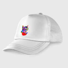 Детская кепка тракер с принтом РАДУЖНЫЙ КОТИК / RAINBOW KITTY в городе Новоалтайск, Козырек - 100% хлопок. Кепка - 100% полиэстер, Задняя часть - сетка | универсальный размер, пластиковая застёжка | Тематика изображения на принте: heart | kitty | like | low poly | rainbow | животные | звери | котик | лайк | радуга | радужный котик | сердечко | цветные