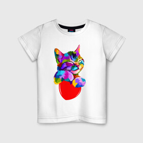 Детская футболка хлопок с принтом РАДУЖНЫЙ КОТИК / RAINBOW KITTY в городе Новоалтайск, 100% хлопок | круглый вырез горловины, полуприлегающий силуэт, длина до линии бедер | Тематика изображения на принте: heart | kitty | like | low poly | rainbow | животные | звери | котик | лайк | радуга | радужный котик | сердечко | цветные