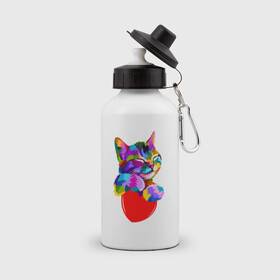 Бутылка спортивная с принтом РАДУЖНЫЙ КОТИК / RAINBOW KITTY в городе Новоалтайск, металл | емкость — 500 мл, в комплекте две пластиковые крышки и карабин для крепления | heart | kitty | like | low poly | rainbow | животные | звери | котик | лайк | радуга | радужный котик | сердечко | цветные