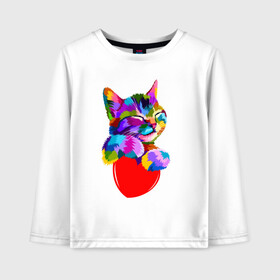 Детский лонгслив хлопок с принтом РАДУЖНЫЙ КОТИК / RAINBOW KITTY в городе Новоалтайск, 100% хлопок | круглый вырез горловины, полуприлегающий силуэт, длина до линии бедер | heart | kitty | like | low poly | rainbow | животные | звери | котик | лайк | радуга | радужный котик | сердечко | цветные