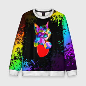 Детский свитшот 3D с принтом РАДУЖНЫЙ КОТИК / RAINBOW KITTY в городе Новоалтайск, 100% полиэстер | свободная посадка, прямой крой, мягкая тканевая резинка на рукавах и понизу свитшота | heart | kitty | like | low poly | rainbow | животные | звери | котик | лайк | радуга | радужный котик | сердечко | цветные