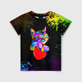 Детская футболка 3D с принтом РАДУЖНЫЙ КОТИК / RAINBOW KITTY в городе Новоалтайск, 100% гипоаллергенный полиэфир | прямой крой, круглый вырез горловины, длина до линии бедер, чуть спущенное плечо, ткань немного тянется | heart | kitty | like | low poly | rainbow | животные | звери | котик | лайк | радуга | радужный котик | сердечко | цветные