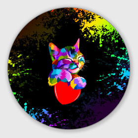 Коврик для мышки круглый с принтом РАДУЖНЫЙ КОТИК / RAINBOW KITTY в городе Новоалтайск, резина и полиэстер | круглая форма, изображение наносится на всю лицевую часть | Тематика изображения на принте: heart | kitty | like | low poly | rainbow | животные | звери | котик | лайк | радуга | радужный котик | сердечко | цветные