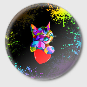 Значок с принтом РАДУЖНЫЙ КОТИК / RAINBOW KITTY в городе Новоалтайск,  металл | круглая форма, металлическая застежка в виде булавки | heart | kitty | like | low poly | rainbow | животные | звери | котик | лайк | радуга | радужный котик | сердечко | цветные