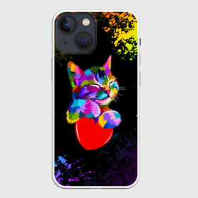 Чехол для iPhone 13 mini РАДУЖНЫЙ КОТИК RAINBOW KITTY: в городе Новоалтайск, | | heart | kitty | like | low poly | rainbow | животные | звери | котик | лайк | радуга | радужный котик | сердечко | цветные