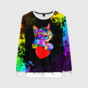 Женский свитшот 3D с принтом РАДУЖНЫЙ КОТИК / RAINBOW KITTY в городе Новоалтайск, 100% полиэстер с мягким внутренним слоем | круглый вырез горловины, мягкая резинка на манжетах и поясе, свободная посадка по фигуре | heart | kitty | like | low poly | rainbow | животные | звери | котик | лайк | радуга | радужный котик | сердечко | цветные