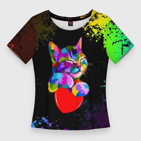 Женская футболка 3D Slim с принтом РАДУЖНЫЙ КОТИК  RAINBOW KITTY в городе Новоалтайск,  |  | heart | kitty | like | low poly | rainbow | животные | звери | котик | лайк | радуга | радужный котик | сердечко | цветные
