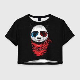 Женская футболка Crop-top 3D с принтом Панда Хипстер в Очках в городе Новоалтайск, 100% полиэстер | круглая горловина, длина футболки до линии талии, рукава с отворотами | animal | funny | panda | животные | звери | милые | очки | панда | прикол | хипстер