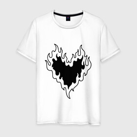 Мужская футболка хлопок с принтом СЕРДЦЕ В ОГНЕ / HEART ON FIRE в городе Новоалтайск, 100% хлопок | прямой крой, круглый вырез горловины, длина до линии бедер, слегка спущенное плечо. | love. | tattoo | любовь | минимализм | огонь | партак | сердце | сердце в огне | тату | чёрно белое
