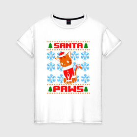 Женская футболка хлопок с принтом Santa Paws в городе Новоалтайск, 100% хлопок | прямой крой, круглый вырез горловины, длина до линии бедер, слегка спущенное плечо | animal | cat | cute | kitty | meow | дед мороз | друг | животные | киска | кися | китти | клаус | кот | котенок | котик | котэ | кошечка | кошка | мур | мяу | новый год | питомец | санта