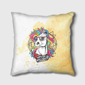 Подушка 3D с принтом Hipster unicorn в городе Новоалтайск, наволочка – 100% полиэстер, наполнитель – холлофайбер (легкий наполнитель, не вызывает аллергию). | состоит из подушки и наволочки. Наволочка на молнии, легко снимается для стирки | арт | графика | единорог | животные | звери | пони