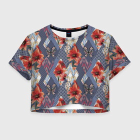 Женская футболка Crop-top 3D с принтом Оранжево-серый пэчворк в городе Новоалтайск, 100% полиэстер | круглая горловина, длина футболки до линии талии, рукава с отворотами | деревенский | заплатки | лоскутное одеяло | лоскутное шитье | лоскуты | пэчворк | ретро | рустик