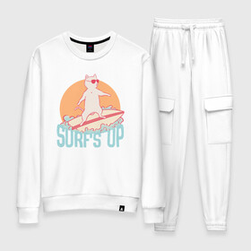 Женский костюм хлопок с принтом Surfs Up | Кот сёрфер на гребне волны в городе Новоалтайск, 100% хлопок | на свитшоте круглая горловина, мягкая резинка по низу. Брюки заужены к низу, на них два вида карманов: два 