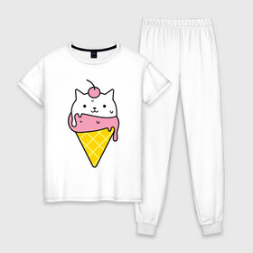 Женская пижама хлопок с принтом Ice Cream Cat в городе Новоалтайск, 100% хлопок | брюки и футболка прямого кроя, без карманов, на брюках мягкая резинка на поясе и по низу штанин | animal | cat | cute | ice cream | kitty | meow | друг | животные | киска | кися | китти | кот | котенок | котик | котэ | кошечка | кошка | мороженое | мур | мяу | питомец