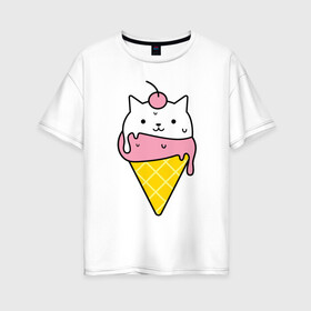Женская футболка хлопок Oversize с принтом Ice Cream Cat в городе Новоалтайск, 100% хлопок | свободный крой, круглый ворот, спущенный рукав, длина до линии бедер
 | animal | cat | cute | ice cream | kitty | meow | друг | животные | киска | кися | китти | кот | котенок | котик | котэ | кошечка | кошка | мороженое | мур | мяу | питомец