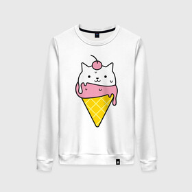 Женский свитшот хлопок с принтом Ice Cream Cat в городе Новоалтайск, 100% хлопок | прямой крой, круглый вырез, на манжетах и по низу широкая трикотажная резинка  | animal | cat | cute | ice cream | kitty | meow | друг | животные | киска | кися | китти | кот | котенок | котик | котэ | кошечка | кошка | мороженое | мур | мяу | питомец