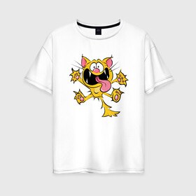 Женская футболка хлопок Oversize с принтом Crazy Cat в городе Новоалтайск, 100% хлопок | свободный крой, круглый ворот, спущенный рукав, длина до линии бедер
 | animal | cat | cute | kitty | meow | друг | животные | киска | кися | китти | кот | котенок | котик | котэ | кошечка | кошка | мур | мяу | питомец