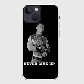 Чехол для iPhone 13 mini с принтом Never give up в городе Новоалтайск,  |  | джон сина | знаменитость | никогда не сдавайся | пояс | рестлинг | черно белый