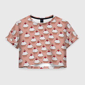 Женская футболка Crop-top 3D с принтом Вишенка на кексе в городе Новоалтайск, 100% полиэстер | круглая горловина, длина футболки до линии талии, рукава с отворотами | Тематика изображения на принте: вафля | вишенка | выпечка | для девушек | еда | кекс | кексик | маффин | пирожное | рисунок