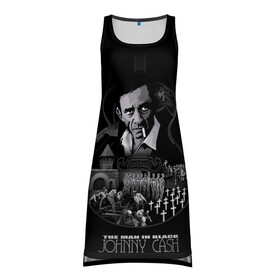 Платье-майка 3D с принтом JOHNNY CASH в городе Новоалтайск, 100% полиэстер | полуприлегающий силуэт, широкие бретели, круглый вырез горловины, удлиненный подол сзади. | black | blues | cash | dark | guitar | johnny | man | rock | usa | блюз | гитара | джони | джонни | кэш | музыка | разное | рок | сша | человек | черный