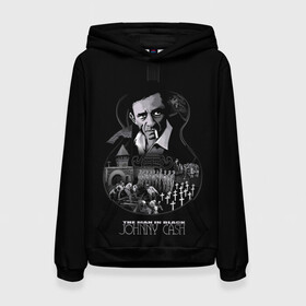 Женская толстовка 3D с принтом JOHNNY CASH в городе Новоалтайск, 100% полиэстер  | двухслойный капюшон со шнурком для регулировки, мягкие манжеты на рукавах и по низу толстовки, спереди карман-кенгуру с мягким внутренним слоем. | black | blues | cash | dark | guitar | johnny | man | rock | usa | блюз | гитара | джони | джонни | кэш | музыка | разное | рок | сша | человек | черный