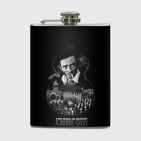 Фляга с принтом JOHNNY CASH в городе Новоалтайск, металлический корпус | емкость 0,22 л, размер 125 х 94 мм. Виниловая наклейка запечатывается полностью | Тематика изображения на принте: black | blues | cash | dark | guitar | johnny | man | rock | usa | блюз | гитара | джони | джонни | кэш | музыка | разное | рок | сша | человек | черный