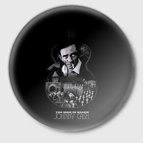 Значок с принтом JOHNNY CASH в городе Новоалтайск,  металл | круглая форма, металлическая застежка в виде булавки | black | blues | cash | dark | guitar | johnny | man | rock | usa | блюз | гитара | джони | джонни | кэш | музыка | разное | рок | сша | человек | черный
