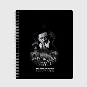 Тетрадь с принтом JOHNNY CASH в городе Новоалтайск, 100% бумага | 48 листов, плотность листов — 60 г/м2, плотность картонной обложки — 250 г/м2. Листы скреплены сбоку удобной пружинной спиралью. Уголки страниц и обложки скругленные. Цвет линий — светло-серый
 | black | blues | cash | dark | guitar | johnny | man | rock | usa | блюз | гитара | джони | джонни | кэш | музыка | разное | рок | сша | человек | черный