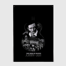 Постер с принтом JOHNNY CASH в городе Новоалтайск, 100% бумага
 | бумага, плотность 150 мг. Матовая, но за счет высокого коэффициента гладкости имеет небольшой блеск и дает на свету блики, но в отличии от глянцевой бумаги не покрыта лаком | black | blues | cash | dark | guitar | johnny | man | rock | usa | блюз | гитара | джони | джонни | кэш | музыка | разное | рок | сша | человек | черный