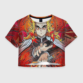 Женская футболка Crop-top 3D с принтом Ренгоку Клинок демонов в городе Новоалтайск, 100% полиэстер | круглая горловина, длина футболки до линии талии, рукава с отворотами | demon slayer | kimetsu no yaiba | аниме | бесконечный поезд | кеджуро | кенджуро | клинок рассекающий демонов | пламени | ренгоку | столб | столп
