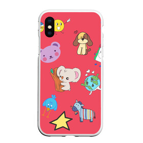 Чехол для iPhone XS Max матовый с принтом Мультяшные зверюшки в городе Новоалтайск, Силикон | Область печати: задняя сторона чехла, без боковых панелей | Тематика изображения на принте: блеск | звездочка | звери | каракули | лошадка | милый | мультик | разноцветный | солнышко | улитка | цветок