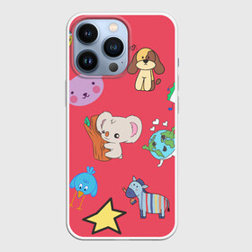 Чехол для iPhone 13 Pro с принтом Мультяшные зверюшки в городе Новоалтайск,  |  | блеск | звездочка | звери | каракули | лошадка | милый | мультик | разноцветный | солнышко | улитка | цветок