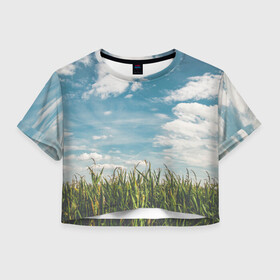 Женская футболка Crop-top 3D с принтом Небушко и полюшко в городе Новоалтайск, 100% полиэстер | круглая горловина, длина футболки до линии талии, рукава с отворотами | небо | облака | пейзаж | поле | русский | славянский | фотопринт