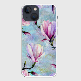 Чехол для iPhone 13 mini с принтом Живописная магнолия в городе Новоалтайск,  |  | бутоны | весна | живописный | живопись | картина | крупные цветы | магнолия | небесный | нежные | холст | художественный | цветочки | цветочный | цветы