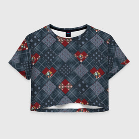 Женская футболка Crop-top 3D с принтом Синий джинсовый плед в городе Новоалтайск, 100% полиэстер | круглая горловина, длина футболки до линии талии, рукава с отворотами | деревенский | джинсовый | лоскуты | модный | популярный | пэчворк | синий | синий и красный | фольклор