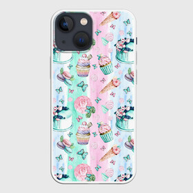 Чехол для iPhone 13 mini с принтом Сладости и бабочки. Акварель в городе Новоалтайск,  |  | акварель | акварельный | акварельный фон | бабочки | десерты | капкейки | кондитерский | макарун | пастельный | сладости | тортики | торты | цветы