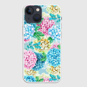 Чехол для iPhone 13 mini с принтом Гортензия в сказочном саду в городе Новоалтайск,  |  | hydrangea | гортензии | гортензия | листья | пионы | сад | сказка | сказочный | цветочный | цветы
